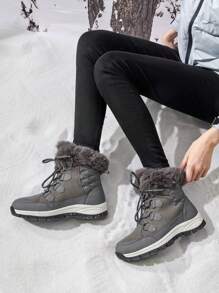 Women's Snow Boots Cozy Warm Insulated Lace Up Mid-Calf Waterproof Walking Hiking Festival Outdoor Grey Boots - 深灰色 - 查看 2