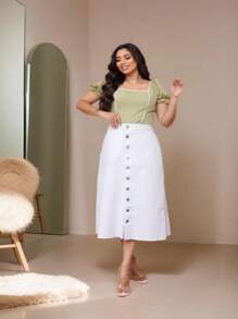 Long Plain White Denim Skirt With Buttons And Pockets 100% Luxury Jeans Evangelical Fashion - trắng - Xem 4