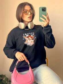 Women's Sweatshirt Round Neck Crewneck Basic Sweater Without Hood 100% Premium Cotton Printed Angel Angel Girls 7046 - màu đen - Xem 2