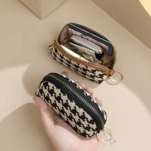 1 pieza Monedero portallaves de lona con gran capacidad, organizador universal y compacto, con estampado a cuadros elegante y minimalista, adorable portallaves para el hogar y viajes, regalo perfecto para amigos, útiles escolares para mujeres, billetera, monedero mini, cartera, monedero para monedas - Marrón - Ver 2