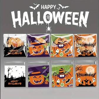 50/100/200 件，万圣节派对礼品袋 - 自粘式 PP 袋多种套装，带有南瓜、鬼魂和女巫图案、不给糖就捣蛋、圣诞节