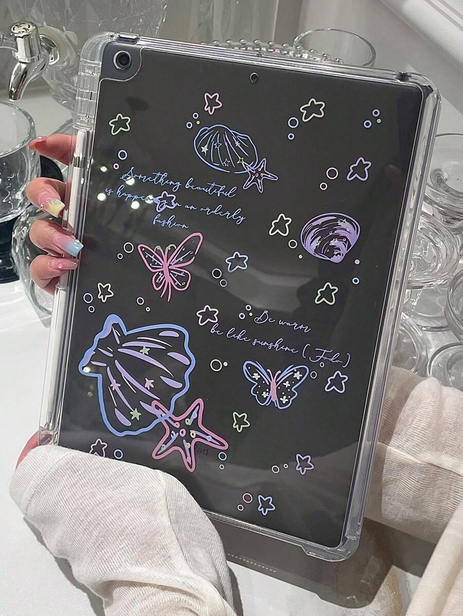 1 件可爱粉色贝壳与海星字母印花亚克力透明水晶保护壳适用于 iPad Huawei，支持睡眠/唤醒功能 - 彩色 - 查看 1