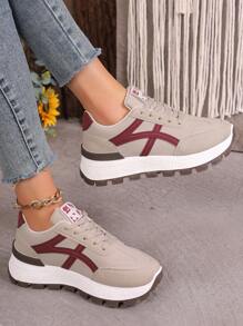 女士厚底休闲鞋，系带圆头软底轻便防滑徒步跑步厚底运动鞋 - 米色 - 查看 5