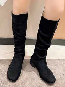 Women Fashion Boots Ideal With Cardigan, Women's Tall/Mid-Calf Boots, European & American Simple Style, Warm Elastic Boots, Versatile Low Heel Square Toe Western Cowboy Boots, Autumn & Winter, Plus Size,Wear With Corset