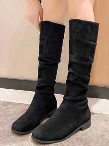 Women Fashion Boots Ideal With Cardigan, Women's Tall/Mid-Calf Boots, European & American Simple Style, Warm Elastic Boots, Versatile Low Heel Square Toe Western Cowboy Boots, Autumn & Winter, Plus Size,Wear With Corset