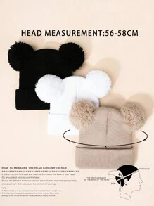 Gorro De Punto Negro, Blanco Y Beige De 3 Piezas Para Bebés, Niños Pequeños Y Niños, Gorro De Invierno Estilo Y2k Con Pompón Doble, Adecuado Para Actividades Al Aire Libre Y Desplazamientos Diarios