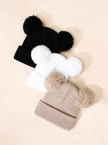 Gorro De Punto Negro, Blanco Y Beige De 3 Piezas Para Bebés, Niños Pequeños Y Niños, Gorro De Invierno Estilo Y2k Con Pompón Doble, Adecuado Para Actividades Al Aire Libre Y Desplazamientos Diarios