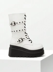 DREAM PAIRS Women's Platform Mid-Calf Boots Cyberpunk Combat Style Multiple Buckle Straps Round Toe Side Zipper Anti-Slip Thick Heel Outdoor Halloween Chunky Heel Music  Festival Party WHITE Boots - 黑與白 - 查看 9