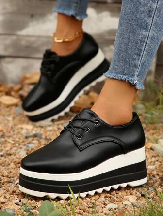 Fall/Winter Women Platform Square Toe Solid Color Back To School Wedge Loafers,Sneakers For Women