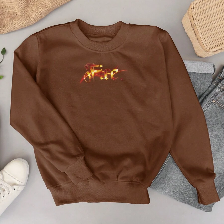 Bald Sweatshirt Without Hood Printed Cotton Flannel Special Edition Fire Print Promotion - 鏽棕色 - 查看 1