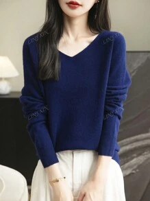 Pull-over à col en V pour femmes, en tricot doux à manches longues, sans couture, pour l'automne et l'hiver