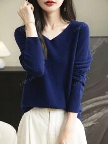 Pull-over à col en V pour femmes, en tricot doux à manches longues, sans couture, pour l'automne et l'hiver