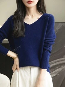 Pull-over à col en V pour femmes, en tricot doux à manches longues, sans couture, pour l'automne et l'hiver