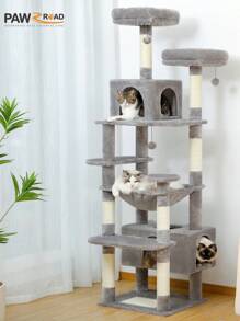 PAWZ Road عمود خدش كبير، برج قطط بارتفاع 184 سم للقطط الكبيرة، منزل قطط مع أعمدة خدش مغلفة بالسيزال وحشوة، منطقتان مبطنتان للاستلقاء، منزل مزدوج وسلة للقطط المنزلية - رمادي - مشاهدة 3