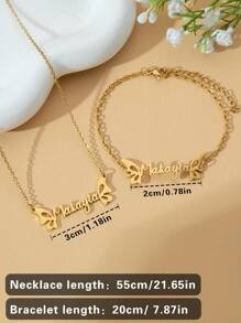 Personalized Stainless Steel Butterfly Jewelry Set With Customized Name Necklace And Bracelet, Gold Plated Alphabet Initial Nameplate Family Member Jewelry, Perfect Gift For Christmas For Her Girlfriend, Mom, Family, Friends, Daughter, Her, Grandparents For Anniversaries, For Birthdays, For Daily Wear, For Prom, For Mother's Day, For Valentine's Day, For Graduation, For Weddings,New Year Glamour - Gold - View 4