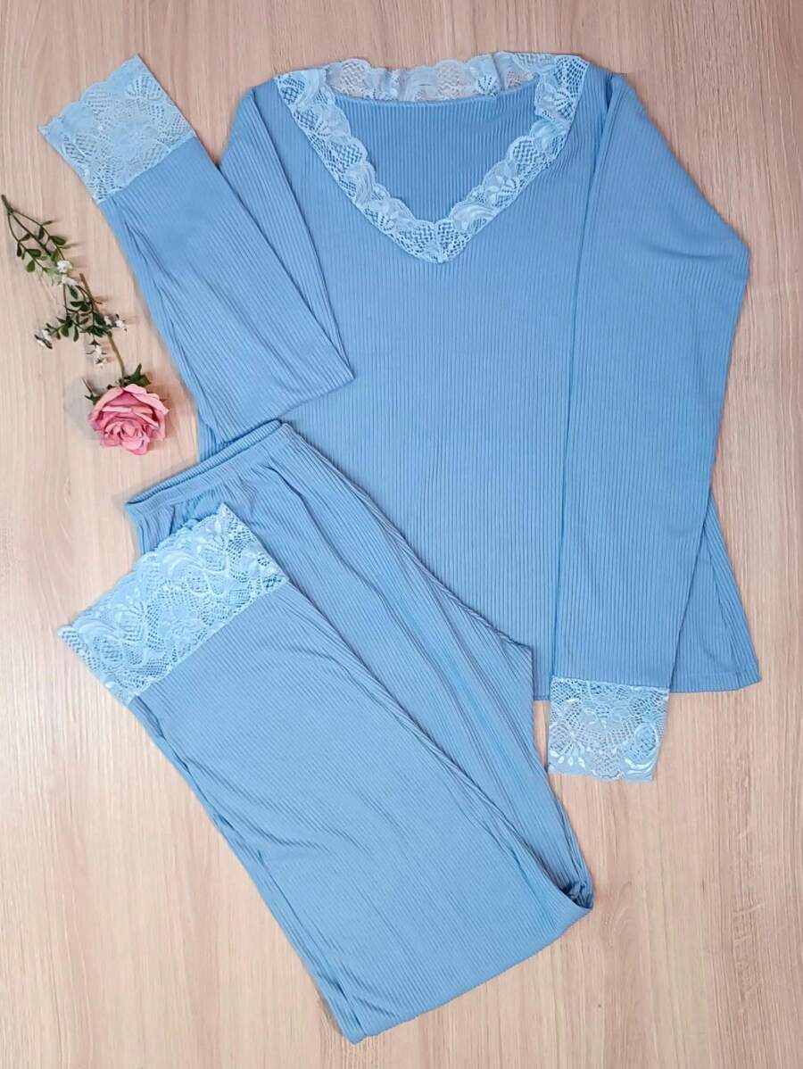 Ribbed Lace Comfort Pajamas Without Lined Pads Short Doll Pajamas - 548 - Màu xanh lam - Xem 1