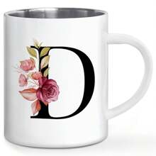 1PC, Letter Flower Print A-Z Double Wall Coffee Mug, Stainless Steel Cups, Novelty Metal Coffee Mug Gifts For Men, Monogrammed Gifts For Women, Christmas Gifts, Birthday Gift, 11 OZ White Back To School - Multicolor - View 20