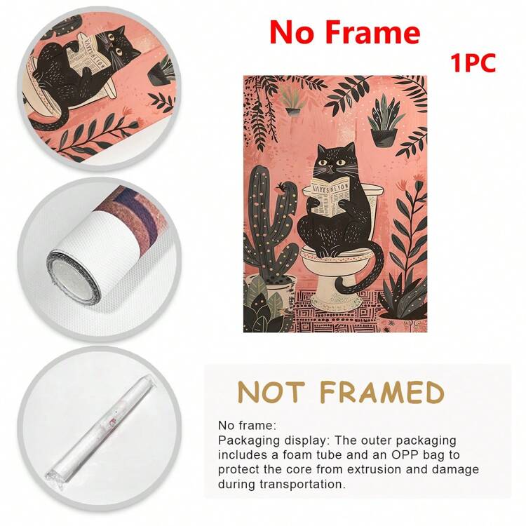 1 pieza de Impresión en lienzo de un gato negro gracioso para el inodoro - Regalo perfecto para amantes de los gatos, apto para decoración de pared en baños, dormitorios, salas de estar y oficinas en el hogar!, Arte de pared, Póster - Multicolor - Añade 3