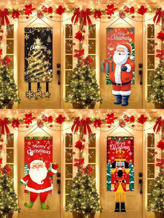 1 件圣诞主题吊旗，圣诞老人、雪人、胡桃夹子、圣诞树设计、装饰横幅、墙壁、门框、花园圣诞装饰