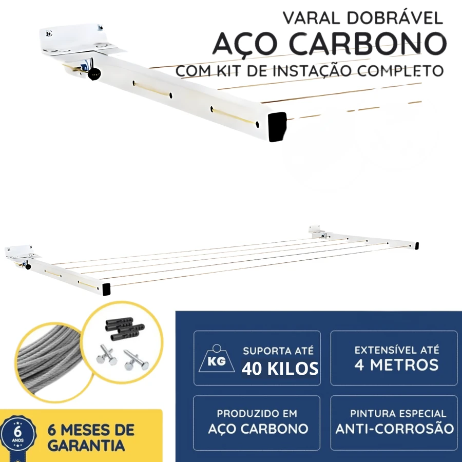 Retractable Wall Clothesline Up Or Down With 5 Steel Ropes And Supports 40kg Of Wet Clothes - Clothesline That Folds Down Or Up - 白色 - 查看 1
