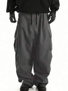 男士纯色简约休闲阔腿直筒裤，大口袋，秋季 - 灰色 - 查看 3