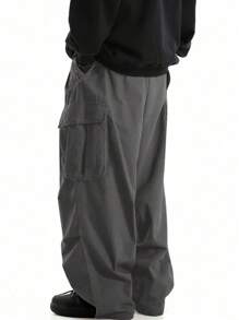 男士纯色简约休闲阔腿直筒裤，大口袋，秋季 - 灰色 - 查看 2