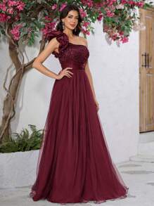 YISIKADO Váy dạ hội mùa hè họa tiết hoa 3D không đối xứng cổ lưới tương phản sequin Váy dạ hội dự tiệc cưới phù dâu tiệc sinh nhật Váy dạ hội trang trọng - Màu Đỏ Sâu - Xem 5