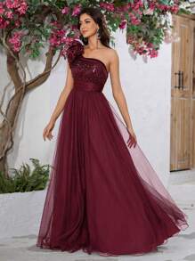 YISIKADO Váy dạ hội mùa hè họa tiết hoa 3D không đối xứng cổ lưới tương phản sequin Váy dạ hội dự tiệc cưới phù dâu tiệc sinh nhật Váy dạ hội trang trọng - Màu Đỏ Sâu - Xem 4