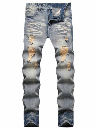 Vaqueros rectos de corte slim con desgarros, de color azul claro, para hombre