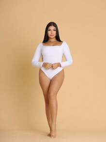 Women's Bodysuit Long Sleeve Square Neckline Suplex Without Pads Autumn Winter Immediate Shipping - 無色 - 查看 2
