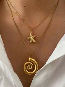 Monlansher 1 pezzo Collana donna in acciaio inossidabile con pendente a forma di stella marina e spirale, dal design semplice e alla moda, di alta qualità, durevole e versatile per uso quotidiano