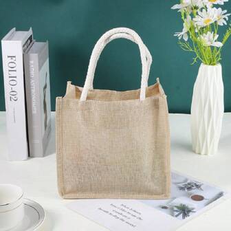 1pc Linen Tote Bag For Shopping, Lunchbox, Gift - Simple & Stylish Handbag, Cartoon & Snack Bag For Women For Fall Home Decor, Foldable Storage Bags,Boho Vibes