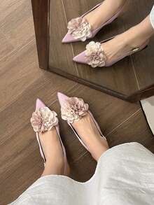 女士紫色花朵包头高跟凉鞋，尖头细跟春秋新款时尚中跟简约一脚蹬鞋 - 紫色 - 查看 1