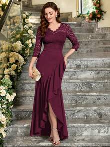 MIUSOL Elegant V Neck Floral Lace Ruffle Evening Party Dress, Formal Prom Gown, For Wedding Guest, Graduation, Dinner, For Valentine's Day Spring - Burgundy - View 4