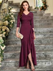 MIUSOL Elegant V Neck Floral Lace Ruffle Evening Party Dress, Formal Prom Gown, For Wedding Guest, Graduation, Dinner, For Valentine's Day Spring - Burgundy - View 2