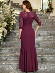 MIUSOL Elegant V Neck Floral Lace Ruffle Evening Party Dress, Formal Prom Gown, For Wedding Guest, Graduation, Dinner, For Valentine's Day Spring - Burgundy - View 3