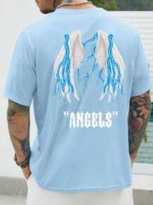 Men's T-Shirt 100% Cotton 30.1 Print Angels Wings Fashion Streetwear Basic Blouse Shipping Now - 淺藍色 - 查看 1