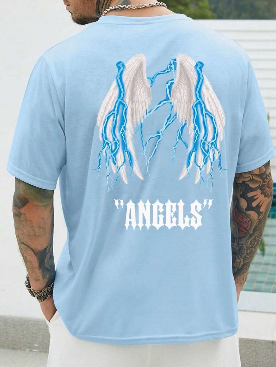 Men's T-Shirt 100% Cotton 30.1 Print Angels Wings Fashion Streetwear Basic Blouse Shipping Now - 淺藍色 - 查看 1