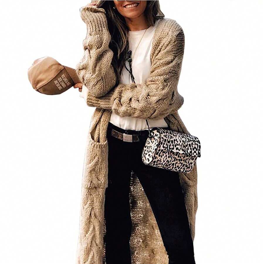 Women's Long Cardigan Coats Cable Knit Casual Open Front Long Sleeve Loose Sweater With Pockets