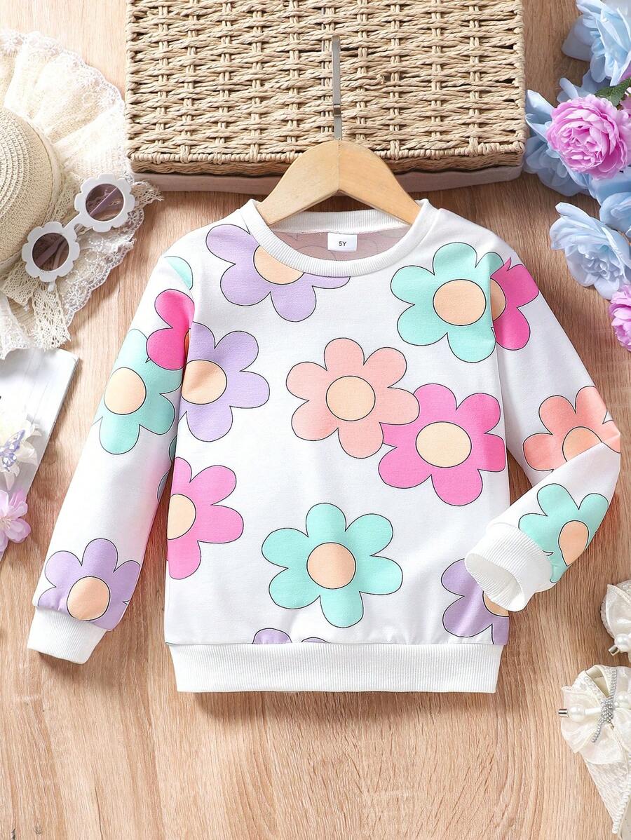 Young Girl Casual Floral Print Long Sleeve Cute Sweatshirt