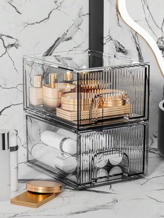 4件/2件/1件可堆叠收纳抽屉整理盒，化妆品收纳盒，亚克力抽屉盒，桌面收纳盒，透明塑料收纳盒，收纳整理，化妆品收纳盒，浴室小工具，收纳托盘，浴室配件，适用于梳妆台、浴室、厨房、橱柜、洗衣房、储藏室，用于化妆间整理收纳