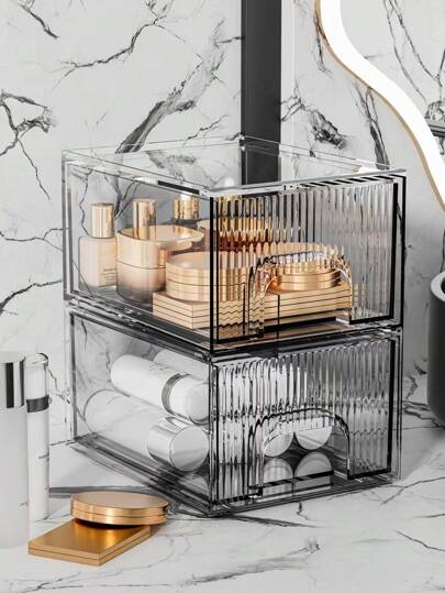 4件/2件/1件可堆叠收纳抽屉整理盒，化妆品收纳盒，亚克力抽屉盒，桌面收纳盒，透明塑料收纳盒，收纳整理，化妆品收纳盒，浴室小工具，收纳托盘，浴室配件，适用于梳妆台、浴室、厨房、橱柜、洗衣房、储藏室，用于化妆间整理收纳