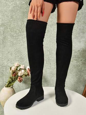 Höst/vinter Senaste Mode Roman Nya Svarta Färg Kontorsmatchande Knähöga Stövlar För Dam, Matcha Med Klänningar, Perfekta Med Träningsbyxor