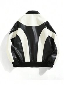 معطف جلد اصطناعي رياضي ملون بقصة لصيق مقاوم للرياح ودافئ، من طراز دراجات نارية بياقة عالية للرجال في فصل الخريف