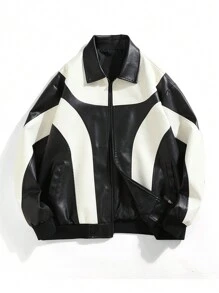 معطف جلد اصطناعي رياضي ملون بقصة لصيق مقاوم للرياح ودافئ، من طراز دراجات نارية بياقة عالية للرجال في فصل الخريف