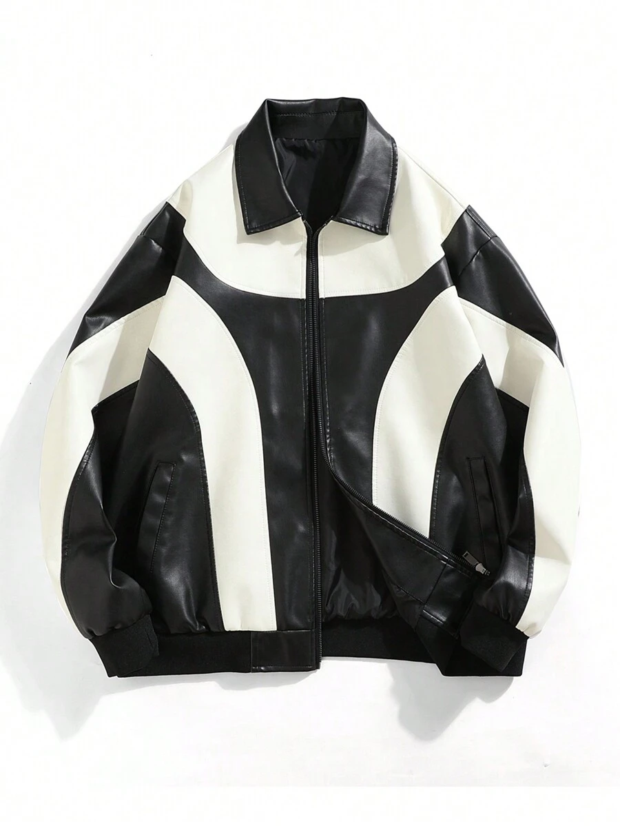 معطف جلد اصطناعي رياضي ملون بقصة لصيق مقاوم للرياح ودافئ، من طراز دراجات نارية بياقة عالية للرجال في فصل الخريف