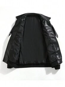 معطف جلد اصطناعي رياضي ملون بقصة لصيق مقاوم للرياح ودافئ، من طراز دراجات نارية بياقة عالية للرجال في فصل الخريف