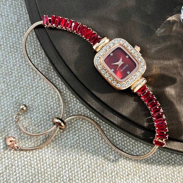 1pc Women's Red Crystal Embellished Flexible Bracelet Watch, Square Alloy Case, Rhinestone Engraved Simple Dial, Elegant Quartz Watch
