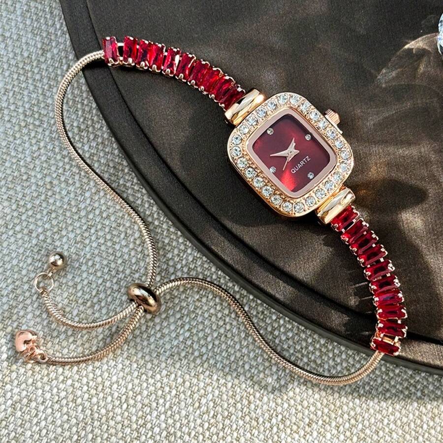 1pc Women's Red Crystal Embellished Flexible Bracelet Watch, Square Alloy Case, Rhinestone Engraved Simple Dial, Elegant Quartz Watch