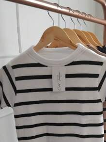 Luxury Modal High Elasticity Short Sleeve Striped Blouse - White - View 2